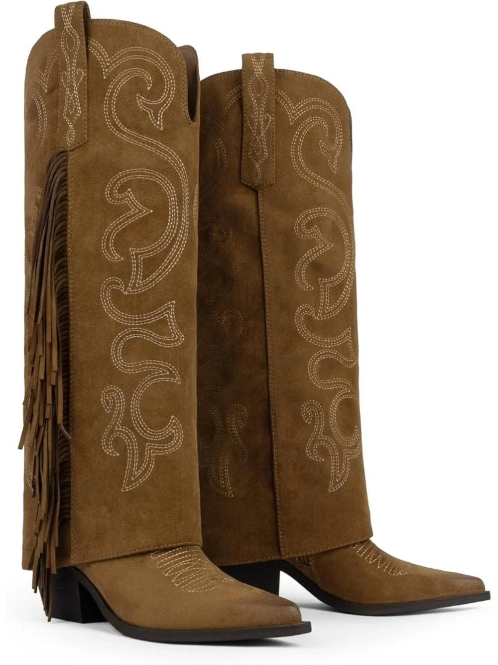Women's Suede Brown Knee High Cowboy Boots Chunky Block High Heel Half Zipper - Picture 2 of 6